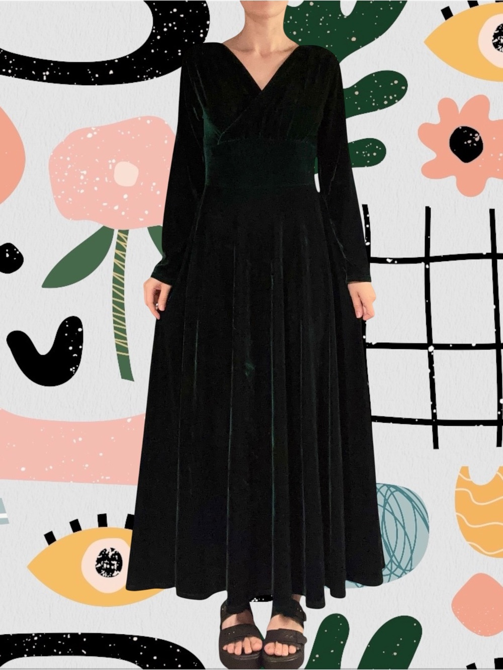 Urban Coco | Green Plush Velvet V-Neck Maxi Dress